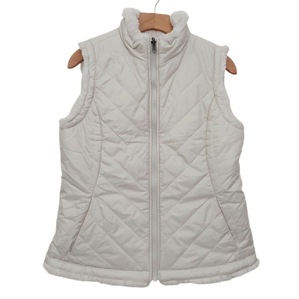 Nicole Miller Faux Fur Reversible Vest Womens Medium Beige Soft Shell Cozy Coat